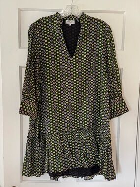 Olivia Moon Black & Green Printed V-Neck Ruffle Mini Dress